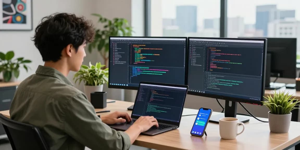 Download Telegram showcased in a vibrant tech workspace with developers coding on screens in a modern office.