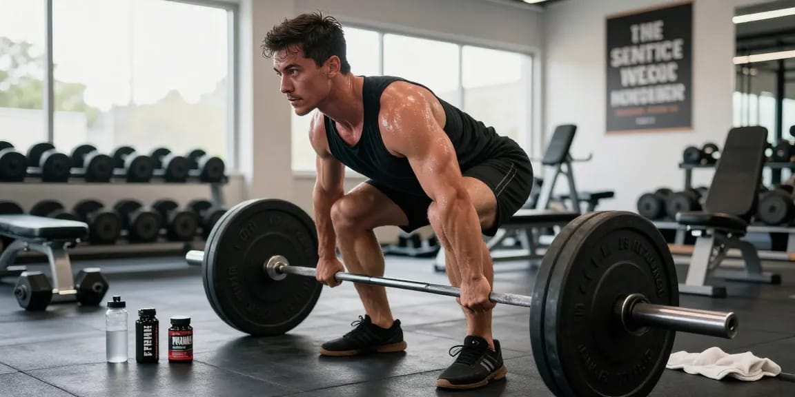 Atletische man die deadlift uitvoert in moderne sportschool, met Prime Pharma Steroids voor optimale prestaties.