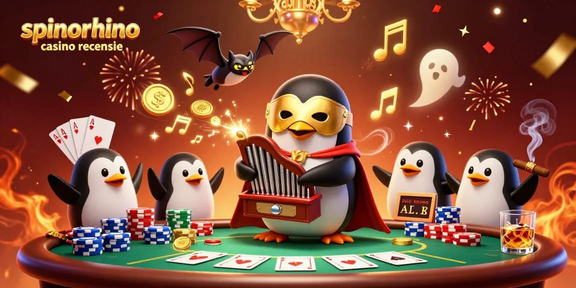 SpinoRhino casino recensie met een 3D-pinguïn die speelt op een orgel, omringd door pokerchips en confetti.