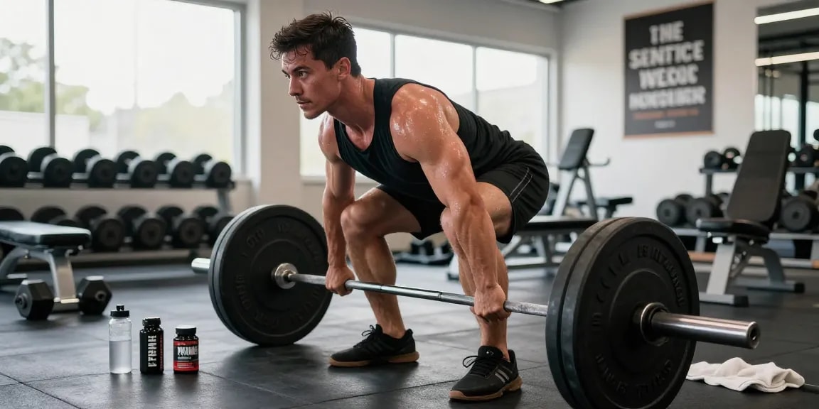 Atletische man die deadlift uitvoert in moderne sportschool, met Prime Pharma Steroids voor optimale prestaties.