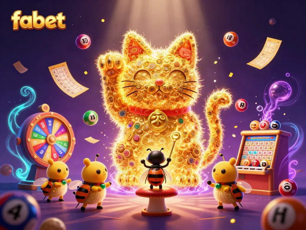 Engage with fabet's vibrant gambling scene featuring a giant lucky cat and colorful lottery elements.