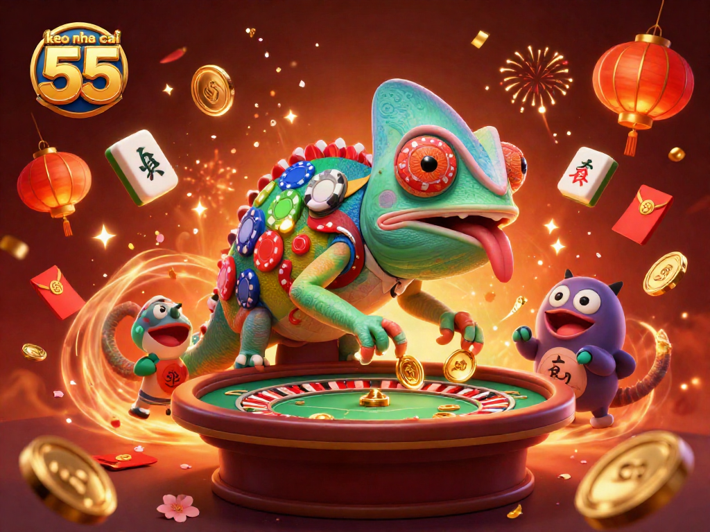 Engage with keo nha cai 55 in a vibrant casino scene featuring a colorful chameleon owner and festive elements.