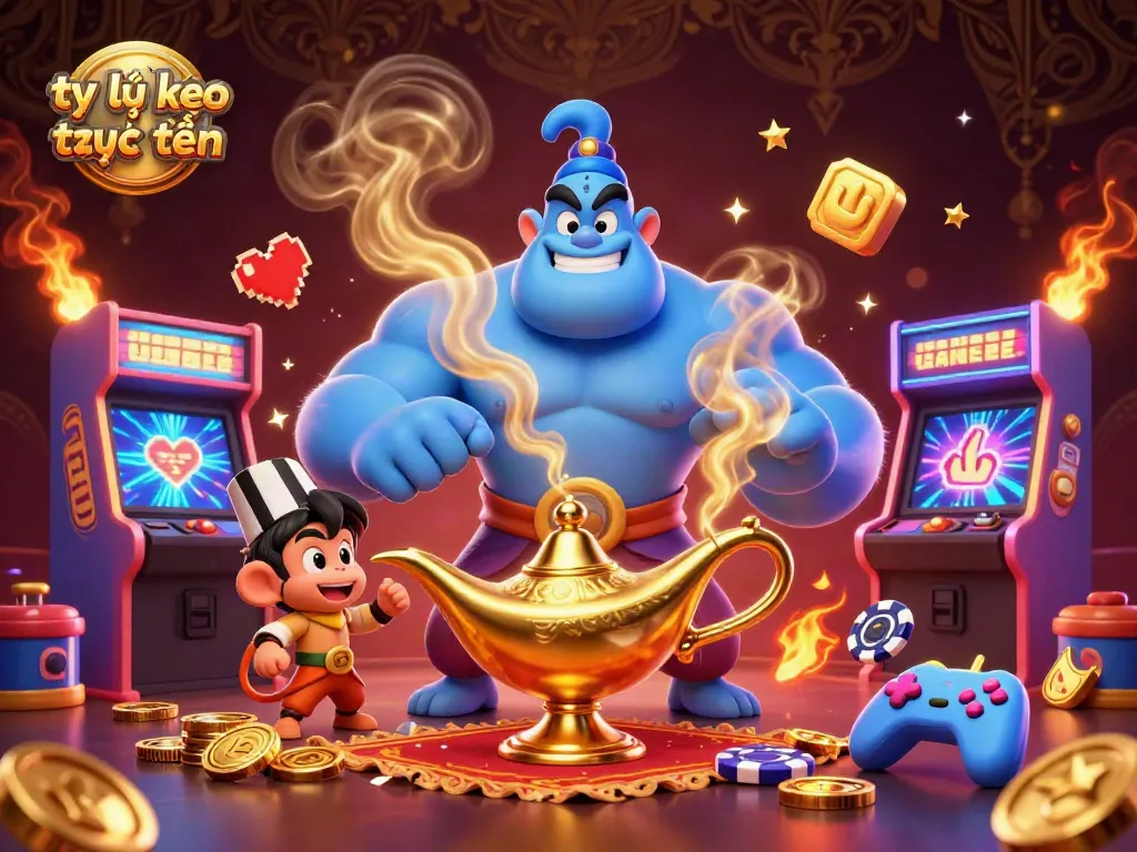 Engage with tỷ lệ kèo trực tuyến illustrated by a giant genie and monkey among casino elements.