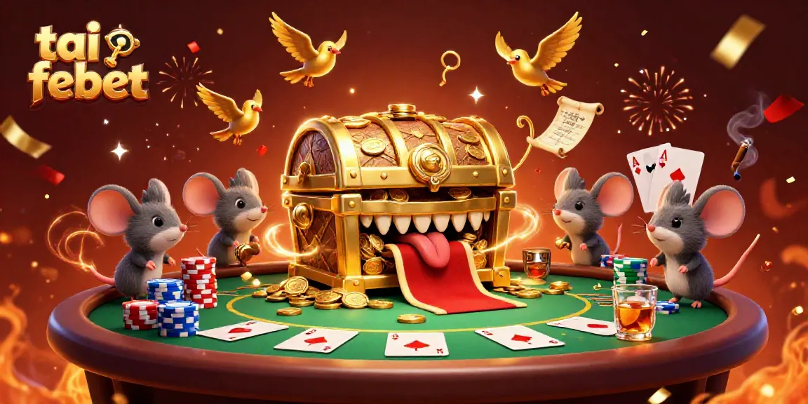 Betting excitement at tai febet as adventurous mice are lured by treasures amidst poker chips and gold.