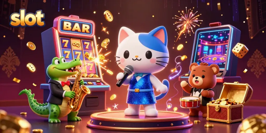 Experience thrilling jackpot slots with a vibrant scene featuring a jazz cat, crocodile, and bear cub in action.