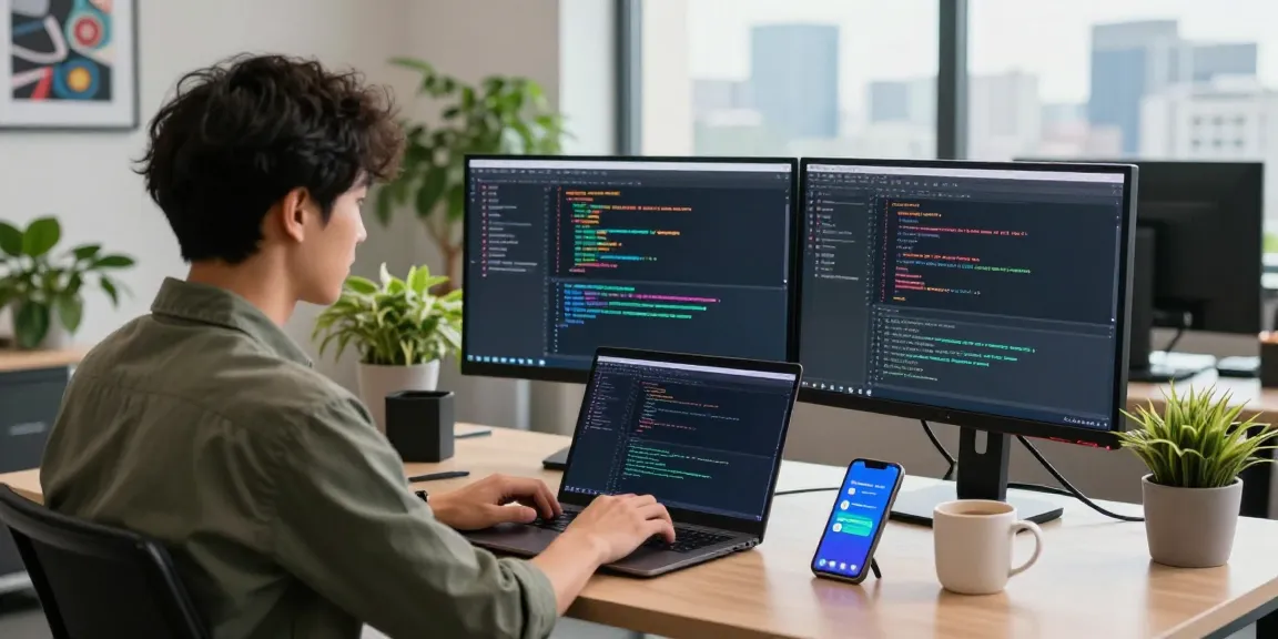 Download Telegram showcased in a vibrant tech workspace with developers coding on screens in a modern office.