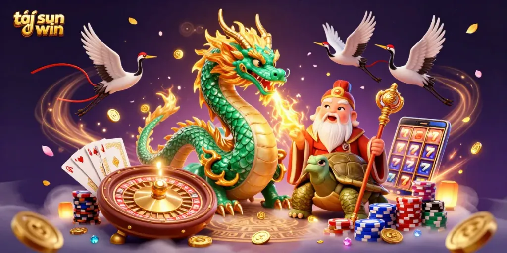 Engage in thrilling gameplay with tải sun win, featuring a dynamic casino scene of dragons and lucky symbols.