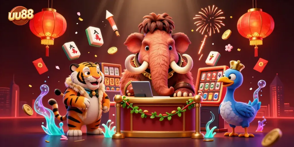 uu88 casino illustration showcasing a woolly mammoth bouncer, tiger guest, and dodo doorman amidst slot game elements.