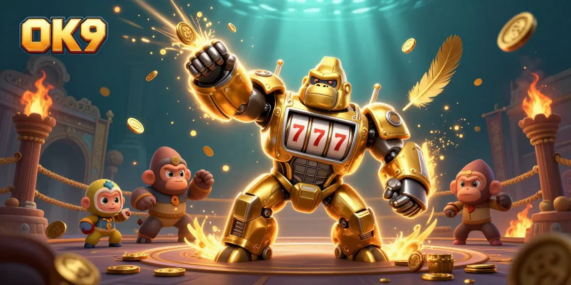 Experience thrilling gaming at OK9 with a golden gorilla mech amidst dynamic casino elements.