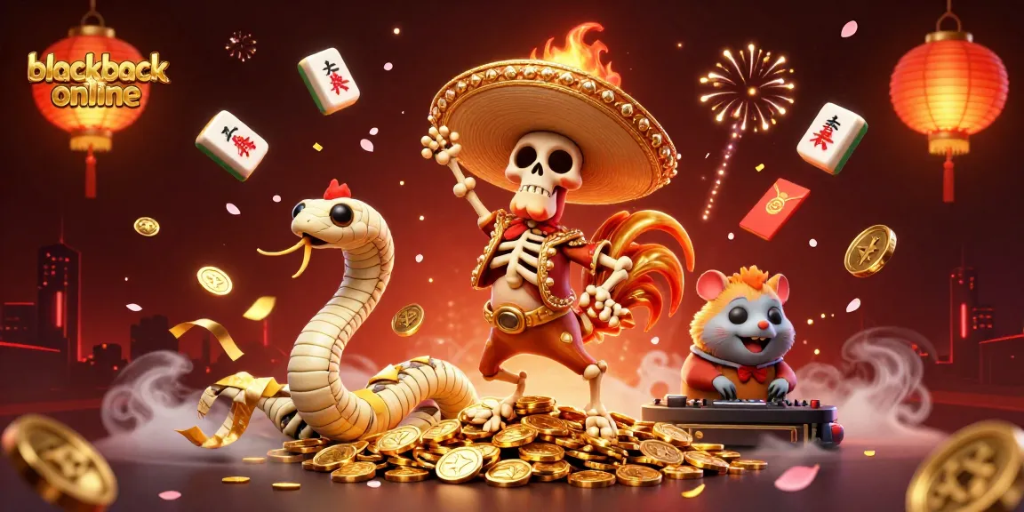 Experience blackjack online with vibrant characters and dynamic casino elements in a festive atmosphere.