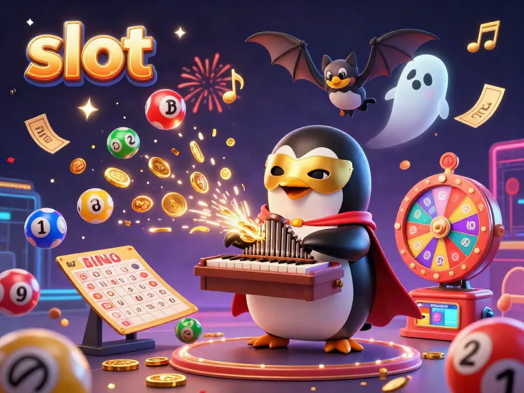 Experience thrilling slot adventures with a vibrant scene of golden coins raining down, a whimsical penguin, and festive elements.