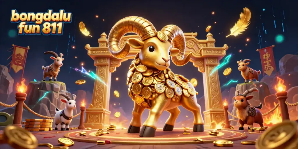 Experience the excitement with bongdalu fun 811, featuring a charging golden ram in a vibrant gambling scene.