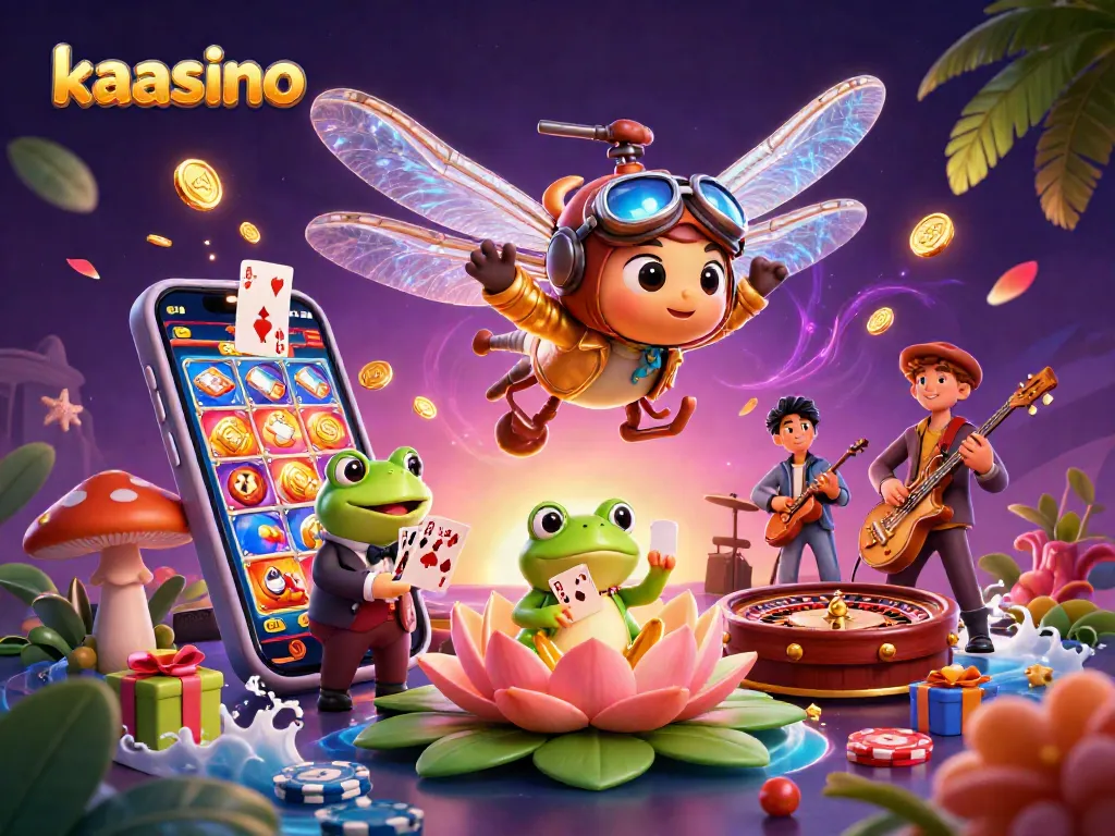 Kaasino offers a vibrant casino scene with a dragonfly pilot, frog croupier, and jazz musicians amidst swirling games.