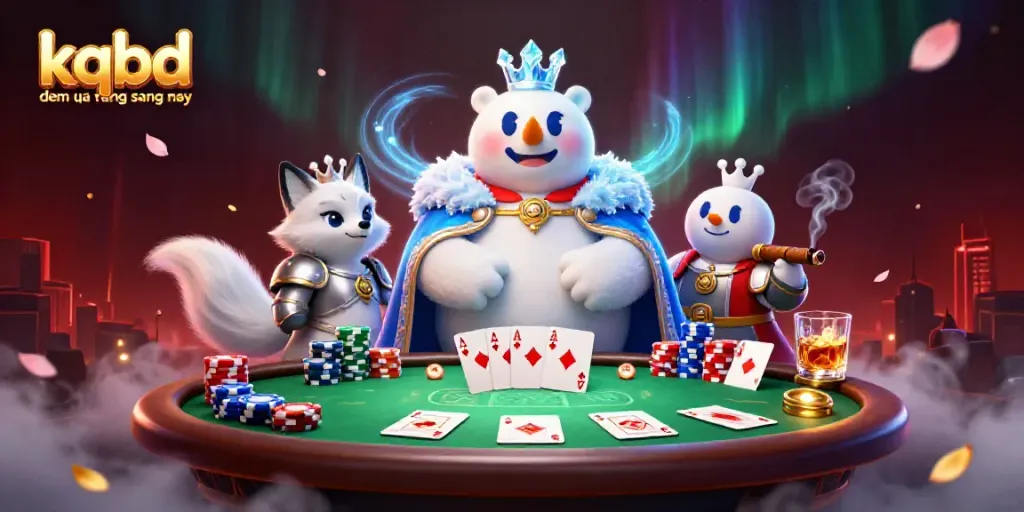 Engage with kqbd dem qua rang sang nay in this vibrant 3D casino scene featuring a regal ice bear and snow fox.