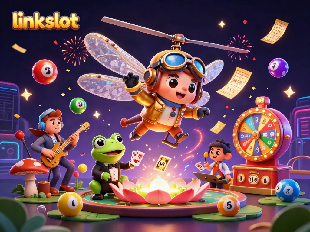 Experience winnings with link slot in a vibrant and dynamic 3D casino scene featuring unique characters.