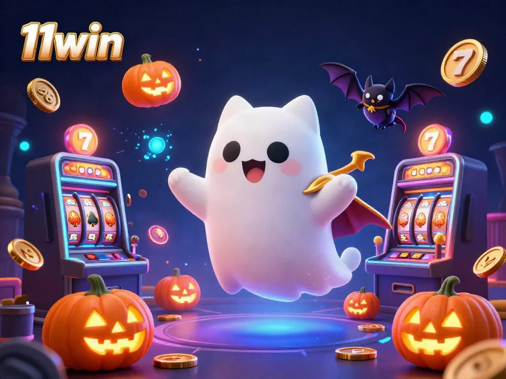 Experience the thrilling atmosphere of 11win casino with a playful ghost cat and vampire bat in a colorful scene.