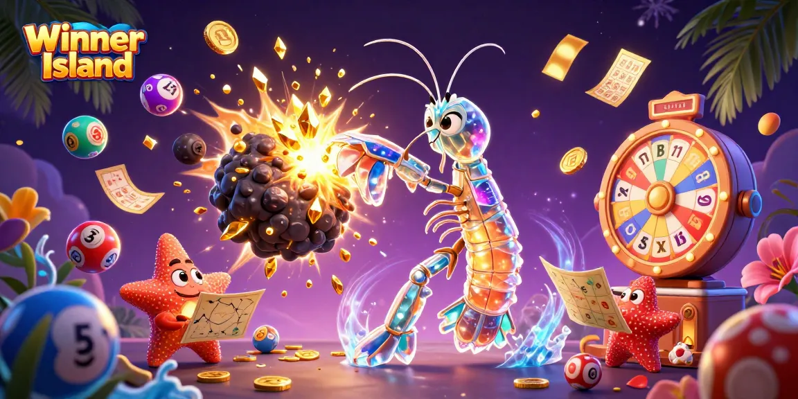 Winner Island features a golden gem explosion with casino elements like bingo cards and lottery balls.