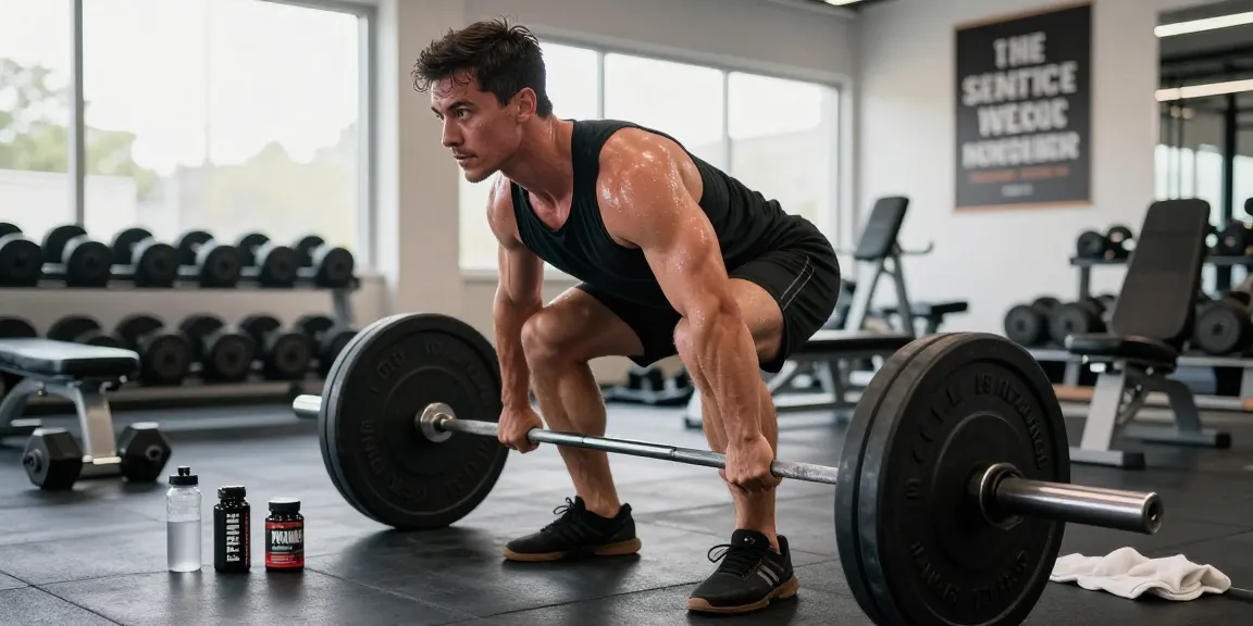 Atletische man die deadlift uitvoert in moderne sportschool, met Prime Pharma Steroids voor optimale prestaties.