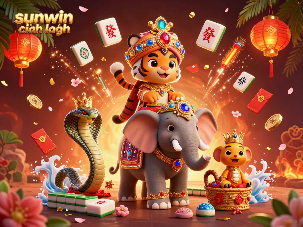 Experience thrilling gameplay at sunwin chính hãng, featuring a vibrant 3D scene celebrating casino culture with exotic characters and festive elements.