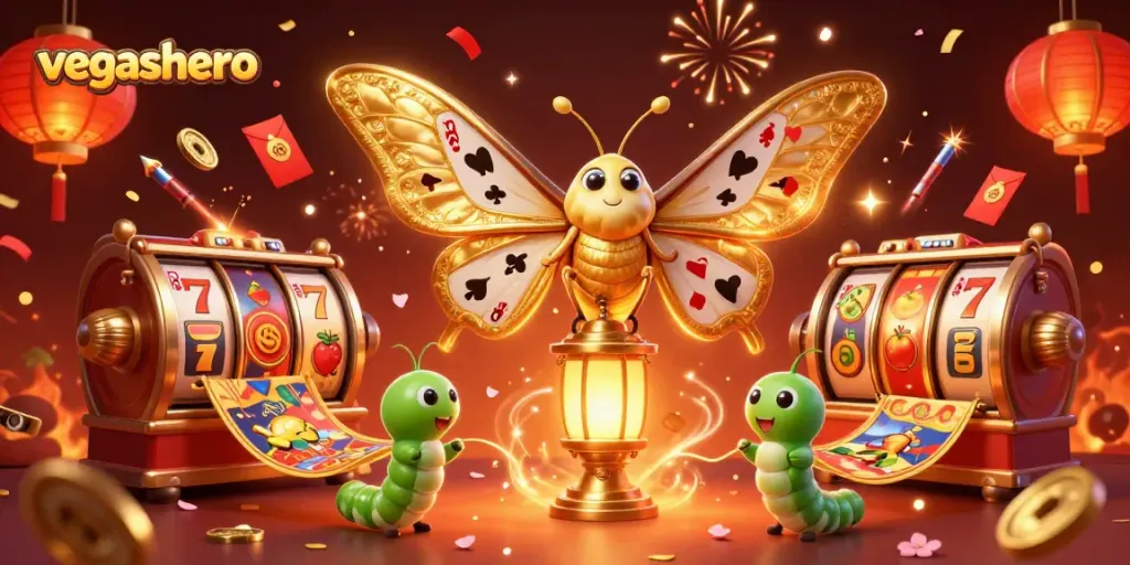 Engage with vegashero's vibrant casino atmosphere featuring dynamic gaming elements and a stunning moth mascot.