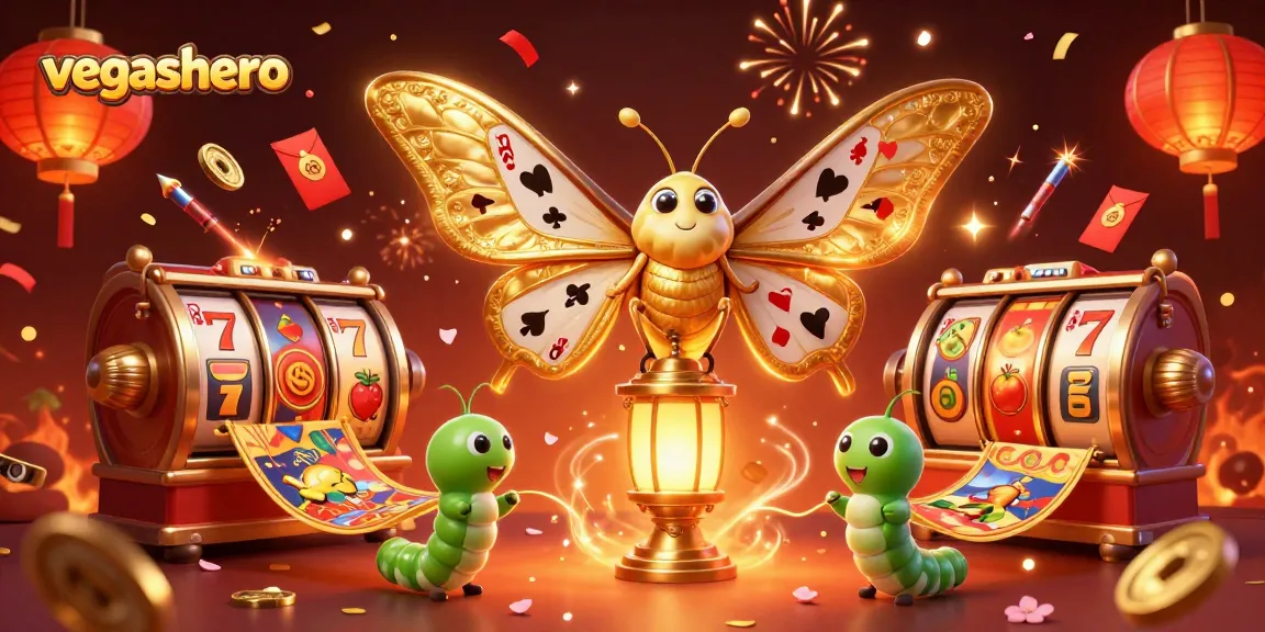 Engage with vegashero's vibrant casino atmosphere featuring dynamic gaming elements and a stunning moth mascot.