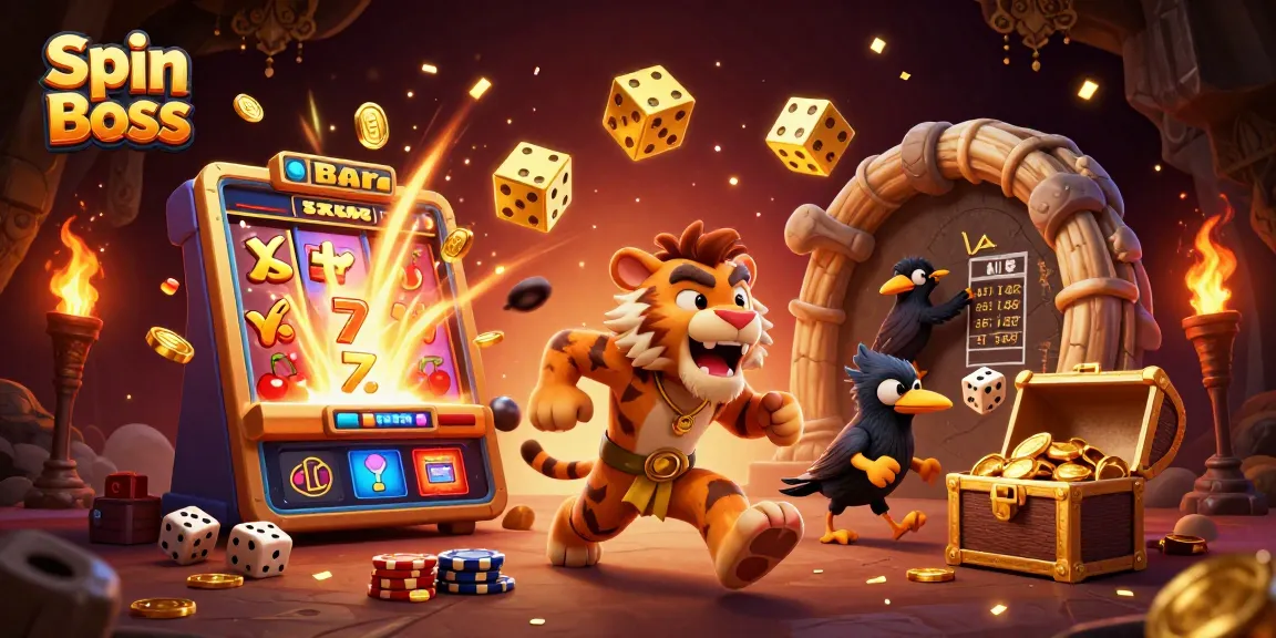 Spin Boss casino features a lively 3D illustration of a cartoon caveman duo managing a thrilling gaming experience with exciting elements.
