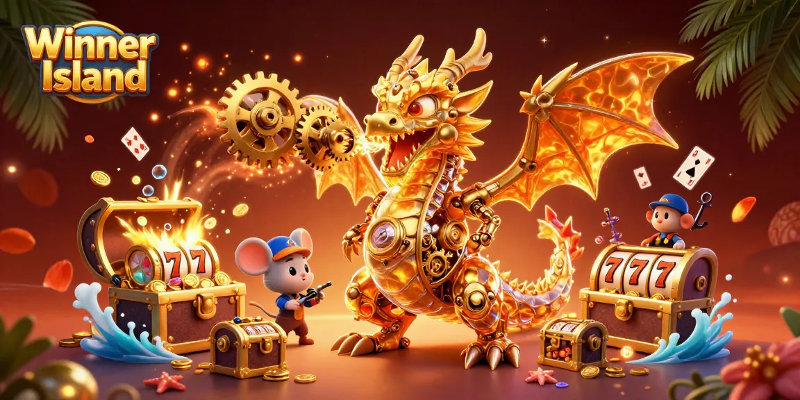 Win big at Winner Island casino with golden treasures and vibrant gaming elements.