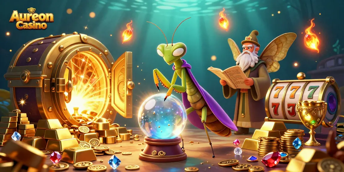 Aureon Casino fortune teller and librarian showcase slot game excitement with dynamic treasures.