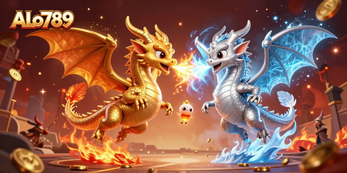 Experience thrilling action at ALo789 with dynamic cockfighting arena elements and standout dragons in this vibrant illustration.