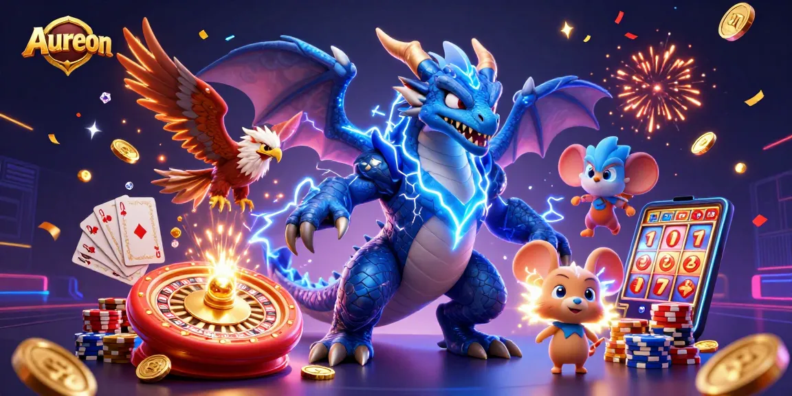 Aureon dragons and hawk celebrate with coins and cards in an electrifying casino scene